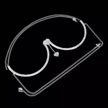 Rhinestone Bra Body Chain Sexy Bikini Silver Gold Beauty Two Hearts Chest Bracket Bras Chain and Partying Body Jewelry for Women JettsJewelers