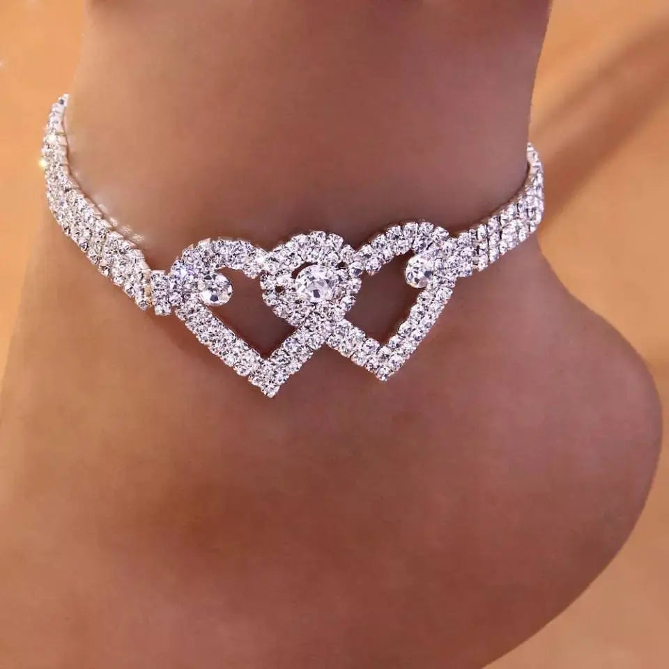 Rhinestone Heart Ankle Bracelets for Women Girls, Crystal Tennis Anklet Bracelet Multi-Row Love Ankle Foot Jewelry Hip Hop Party Gifts - JettsJewelers