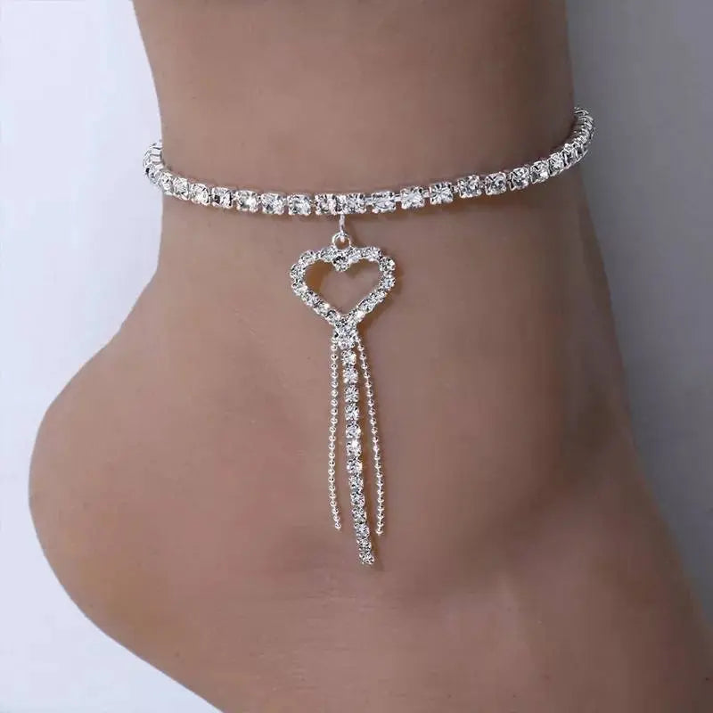 Rhinestone Heart Tassel Anklet Foot Jewelry for Women Beach Barefoot Chain Bracelet On the Leg Accessories Gift JettsJewelers