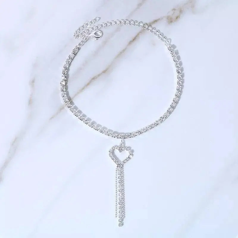 Rhinestone Heart Tassel Anklet Foot Jewelry for Women Beach Barefoot Chain Bracelet On the Leg Accessories Gift JettsJewelers