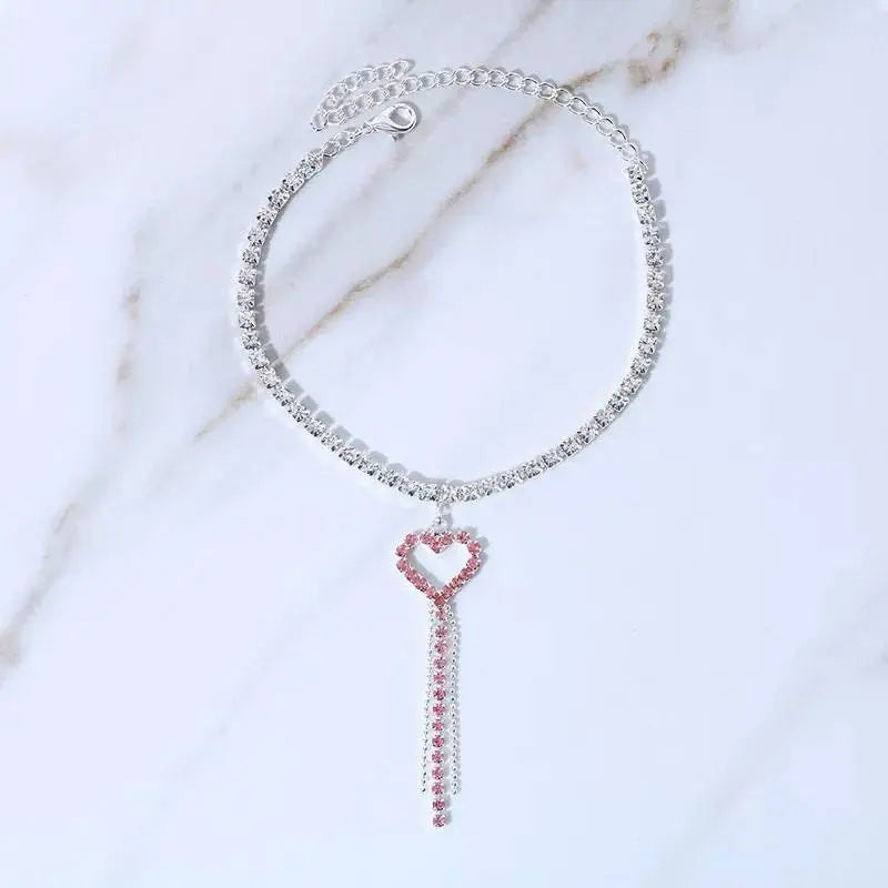 Rhinestone Heart Tassel Anklet Foot Jewelry for Women Beach Barefoot Chain Bracelet On the Leg Accessories Gift JettsJewelers