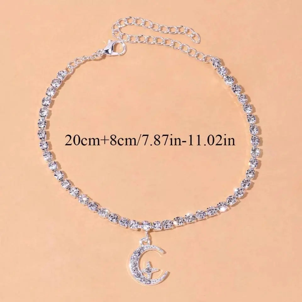 Rhinestone Stars Moon Anklet Foot Jewelry for Women Beach Barefoot Chain Bracelet On the Leg Accessories Gift - JettsJewelers