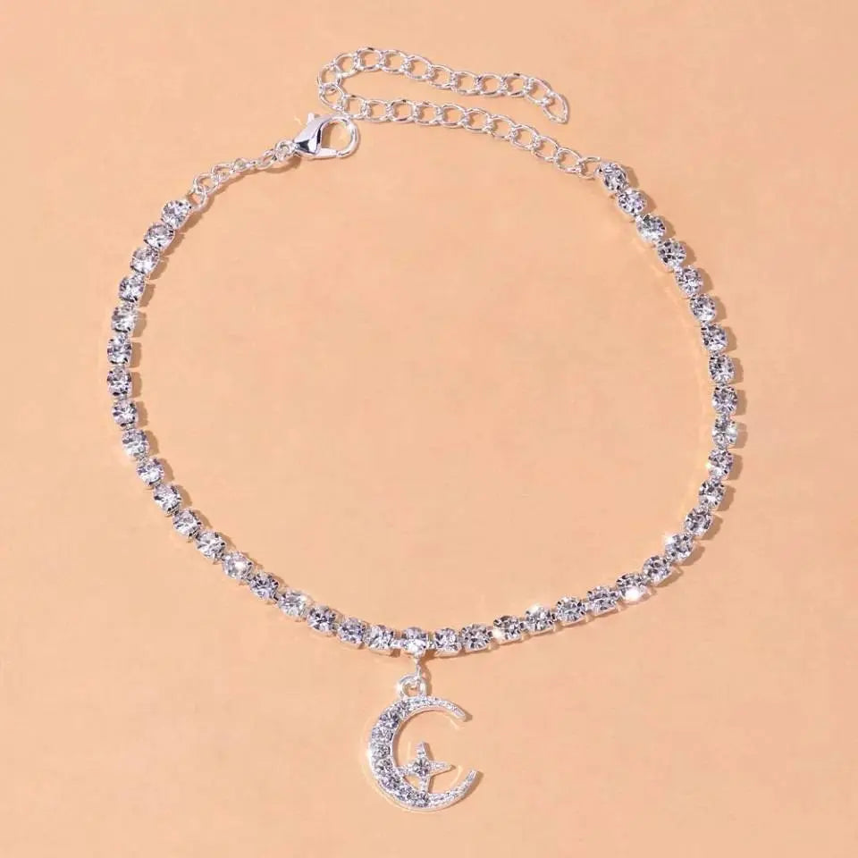 Rhinestone Stars Moon Anklet Foot Jewelry for Women Beach Barefoot Chain Bracelet On the Leg Accessories Gift - JettsJewelers