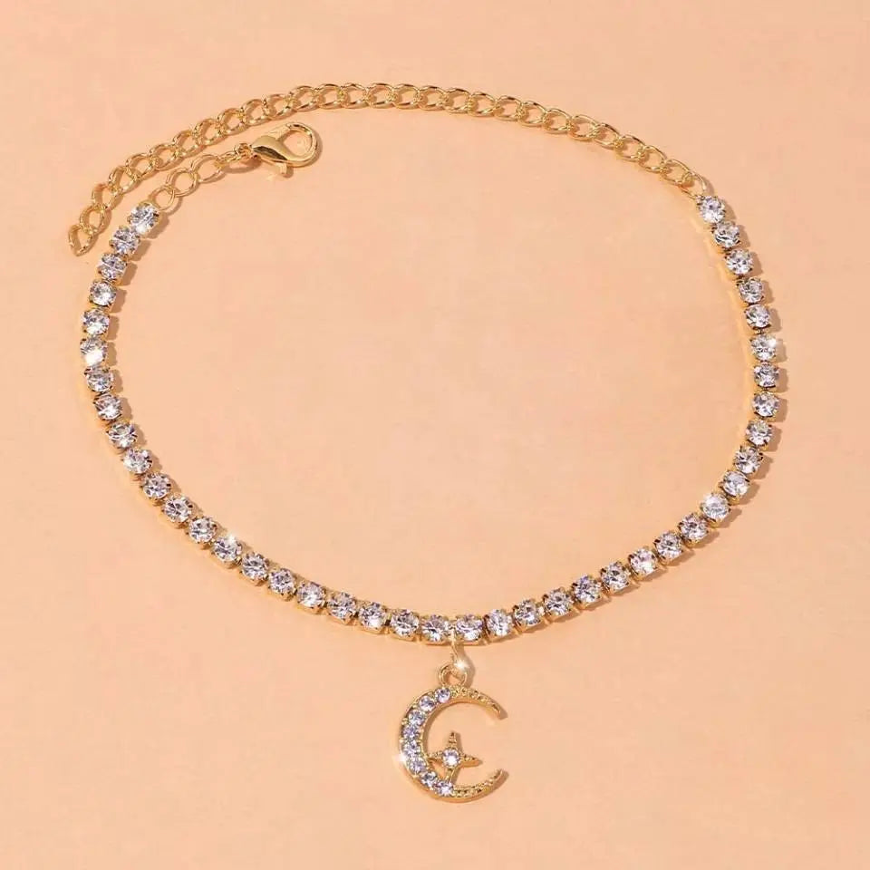 Rhinestone Stars Moon Anklet Foot Jewelry for Women Beach Barefoot Chain Bracelet On the Leg Accessories Gift - JettsJewelers