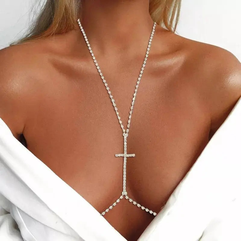 Rhinestones Cross Chest Harness Chain for Women Bohemian Tassels Shoulder Chain Necklace Jewelry for Party Wedding Summer Beach JettsJewelers