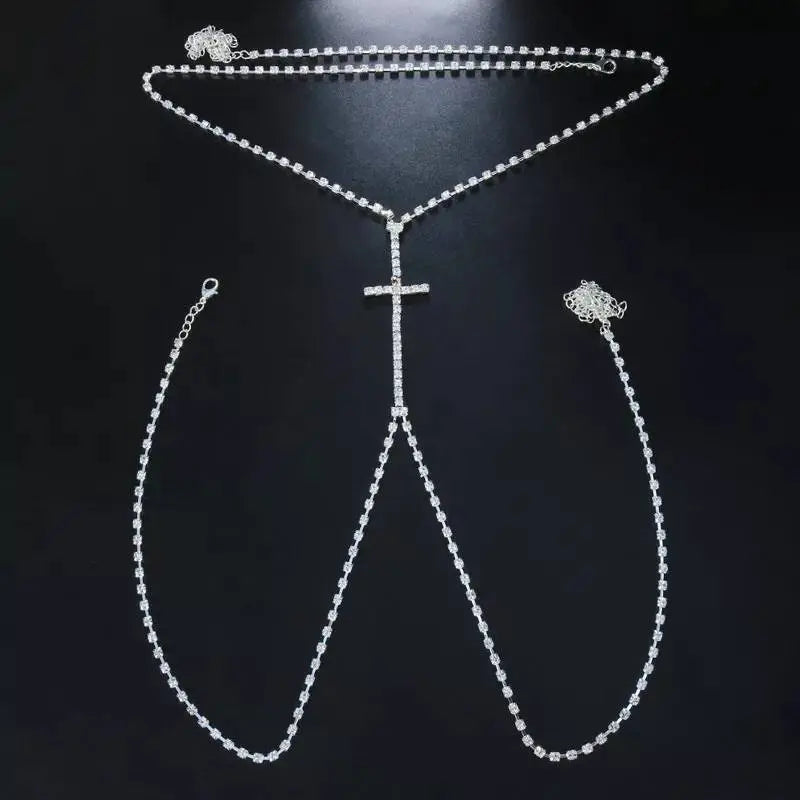 Rhinestones Cross Chest Harness Chain for Women Bohemian Tassels Shoulder Chain Necklace Jewelry for Party Wedding Summer Beach JettsJewelers
