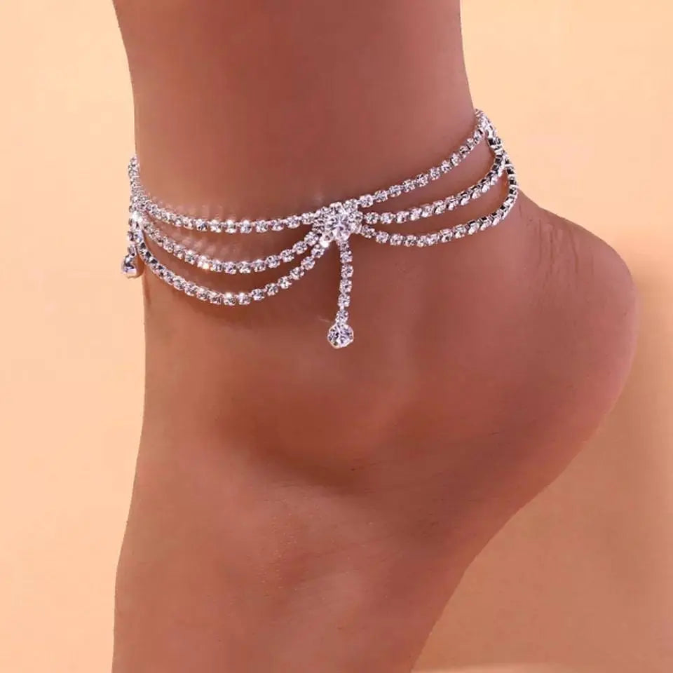Rhinestones Triple Water Drop Anklet Foot Jewelry for Women Beach Barefoot Chain Bracelet On the Leg Accessories Gift - JettsJewelers