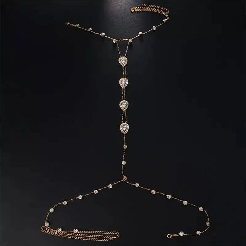 Rhinestones Water Drop Chest Harness Chain for Women Bohemian Tassels Shoulder Chain Necklace Jewelry for Party Wedding Summer Beach JettsJewelers