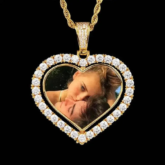 Rotating Heart Picture Necklace Personalized for Men Women, 18K Gold/Platinum Plated/Black AAA CZ Medallion Customized Photo Memory Pendant JettsJewelers