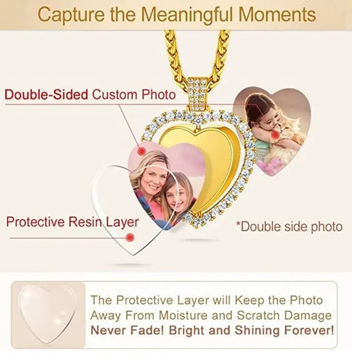Rotating Heart Picture Necklace Personalized for Men Women, 18K Gold/Platinum Plated/Black AAA CZ Medallion Customized Photo Memory Pendant JettsJewelers