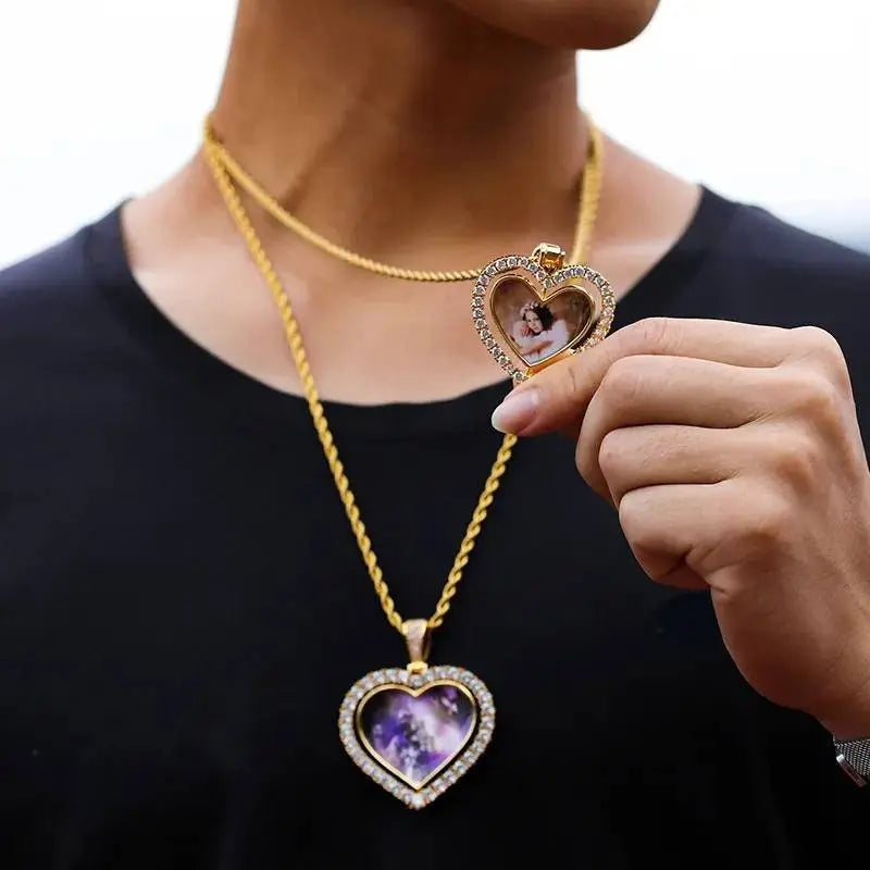 Rotating Heart Picture Necklace Personalized for Men Women, 18K Gold/Platinum Plated/Black AAA CZ Medallion Customized Photo Memory Pendant JettsJewelers