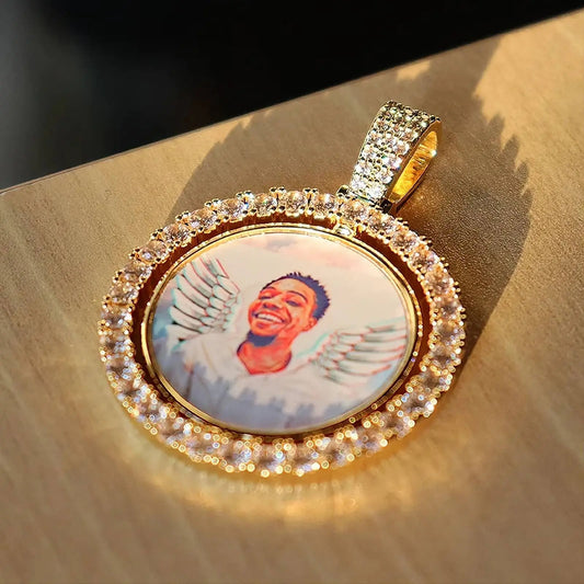 Rotating Picture Necklace Personalized for Men Women, 18K Gold/Platinum Plated/Black AAA CZ Medallion Customized Photo Memory Pendant JettsJewelers