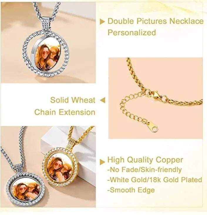 Rotating Picture Necklace Personalized for Men Women, 18K Gold/Platinum Plated/Black AAA CZ Medallion Customized Photo Memory Pendant JettsJewelers