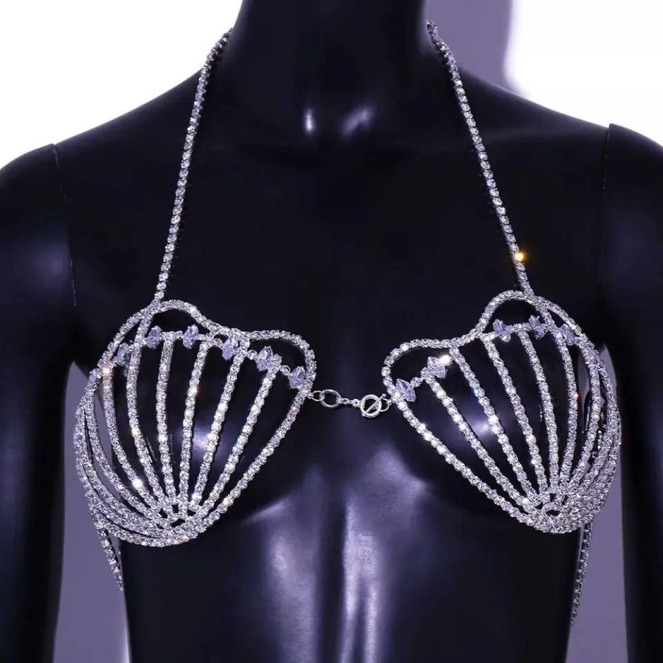 Sea Shell Bra Top Woman Crystal Lingerie Chain Apparel Stripper Outfit  Dancewear Exotic Lingerie
