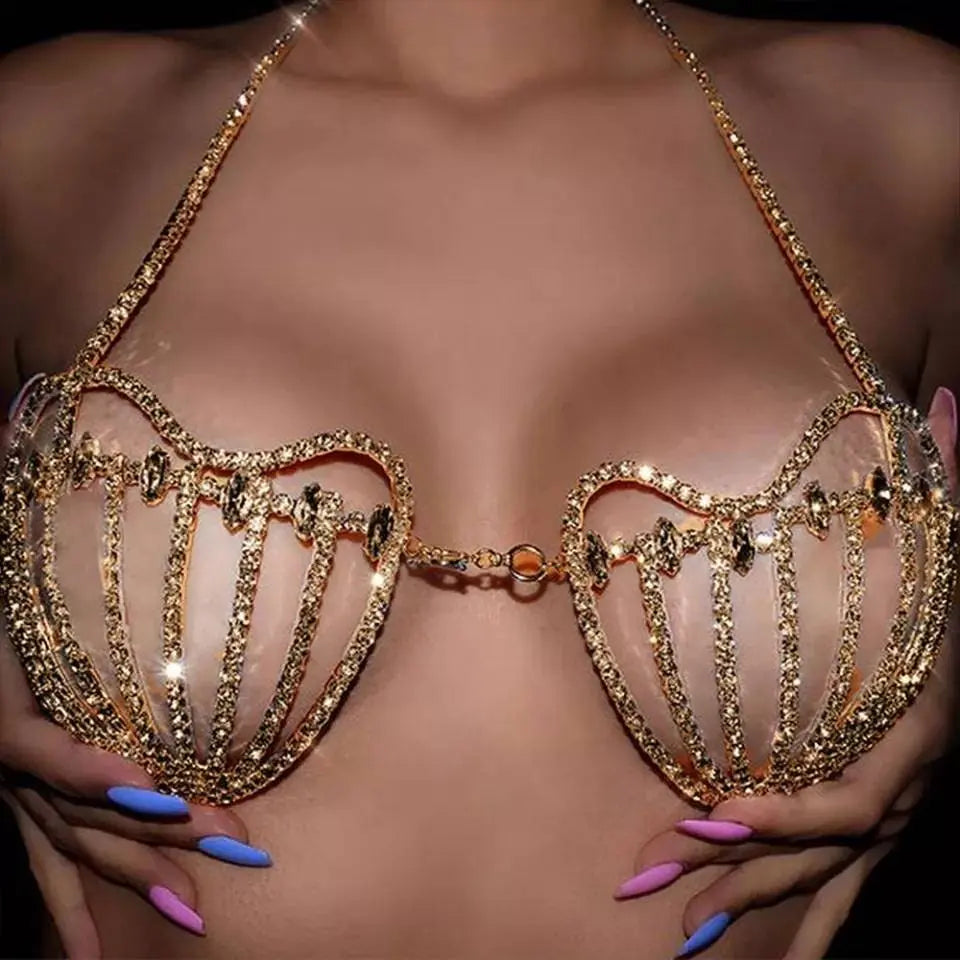 Sea Shell Bra Top Woman Crystal Lingerie Chain Apparel Stripper Outfit Dancewear Exotic Lingerie - JettsJewelers