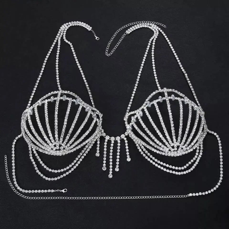 Sea Shell Bra Top Woman Crystal Lingerie Chain Apparel Stripper