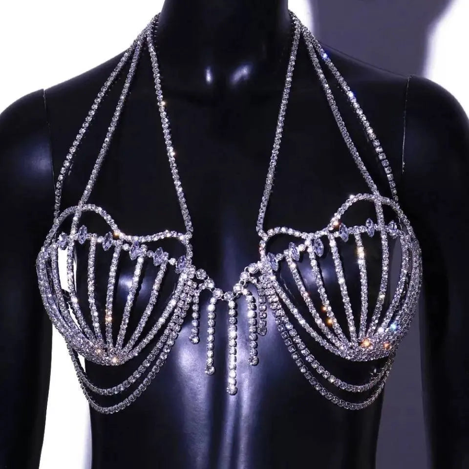 A Set of Bling Charm Rhinestone V-neck Body Chain Dress Bra Chain
