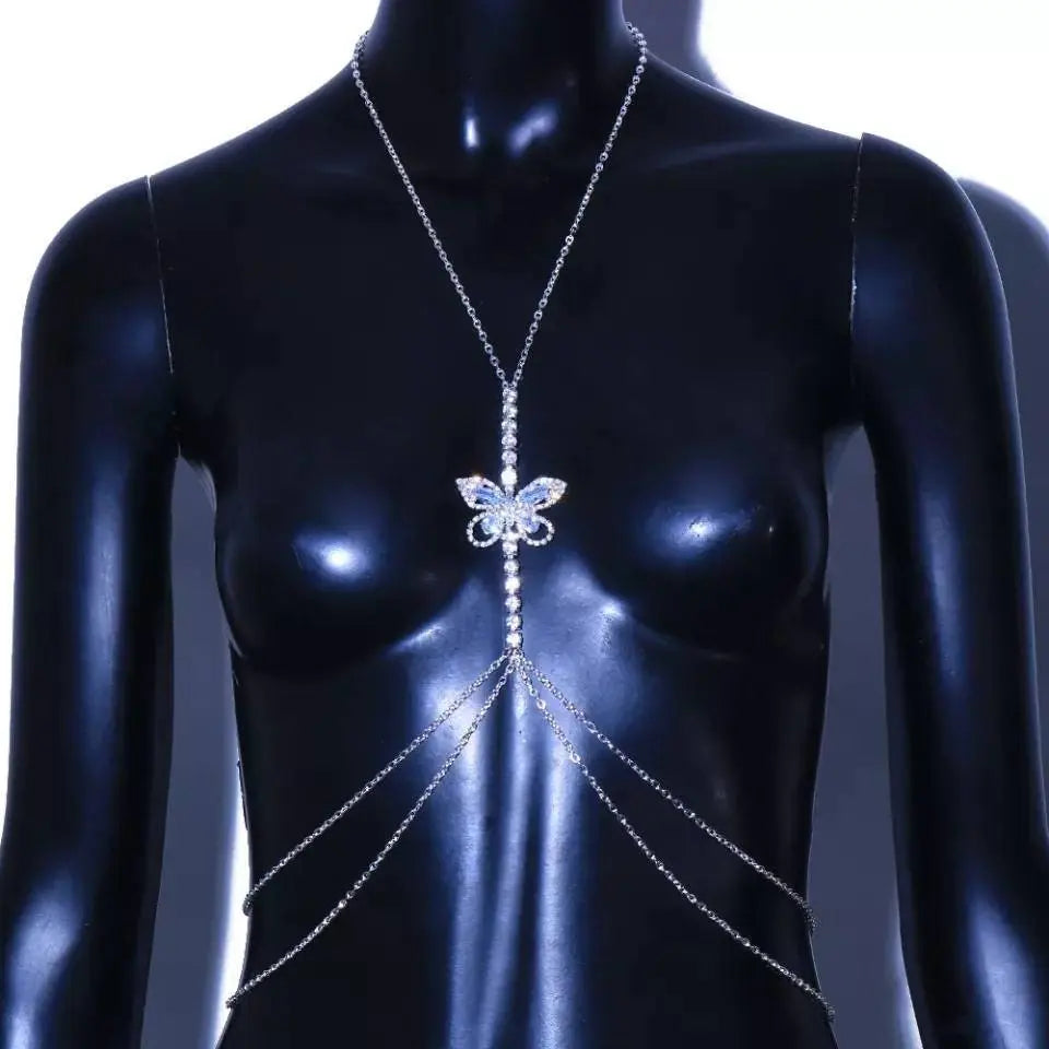 Sexy Butterfly Crystal Body Chain Bikini Body Chains Nightclub Chest Chain Fashion Body Jewelry for Women and Girls Rhinestone JettsJewelers