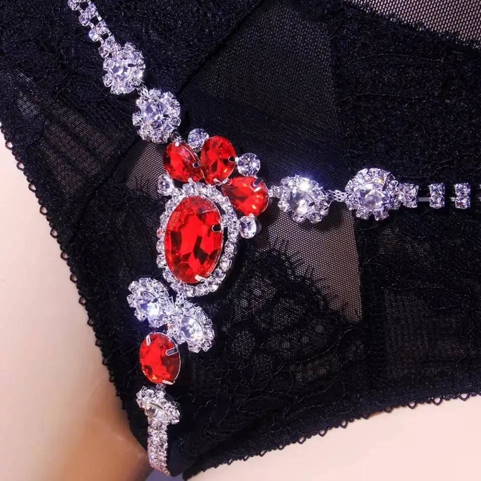 Sexy Body Chain Lingerie Red Crystal Thong Panties Jewelry for
