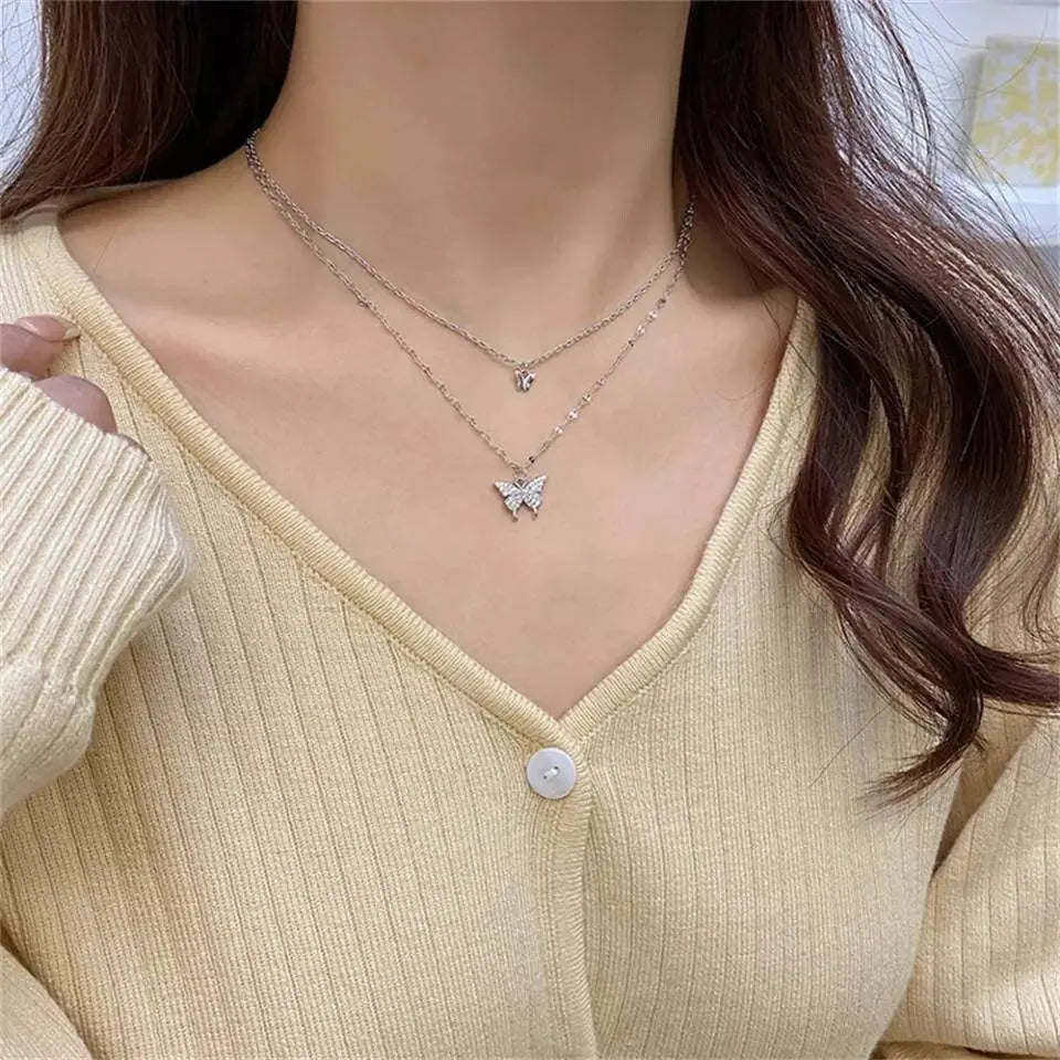 Shiny Butterfly Pendant Double Necklace Layered Clavicle for Women Stainless Steel Gold Plated JettsJewelers