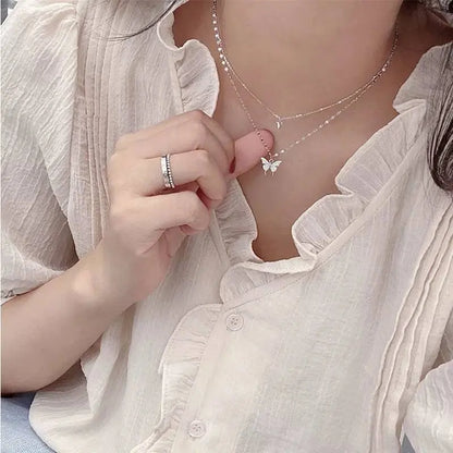 Shiny Butterfly Pendant Double Necklace Layered Clavicle for Women Stainless Steel Gold Plated JettsJewelers