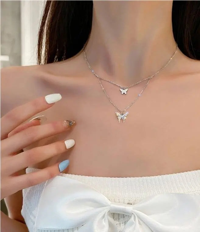 Shiny Butterfly Pendant Double Necklace Layered Clavicle for Women Stainless Steel Gold Plated JettsJewelers