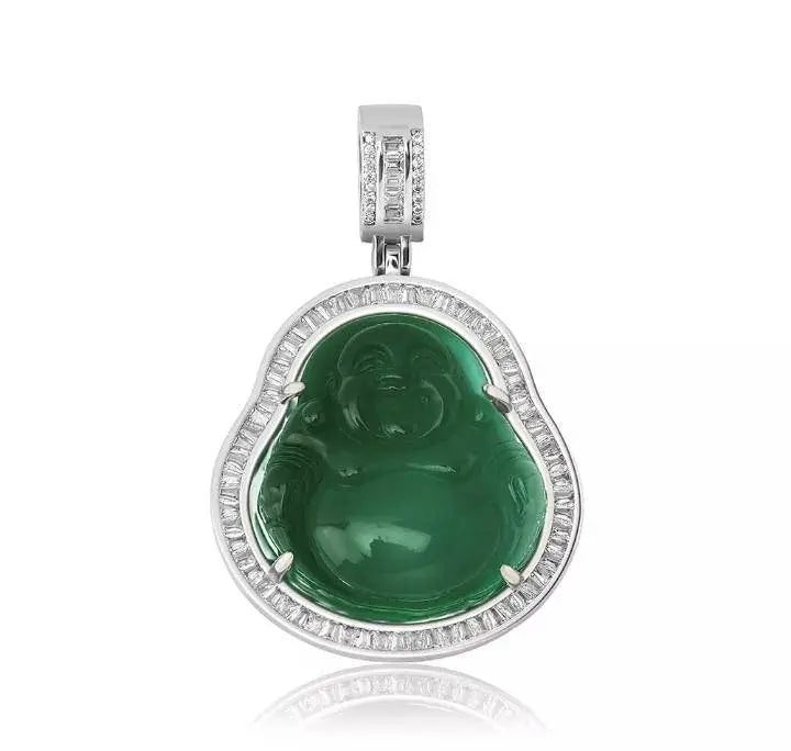 Silver - AAA Cubic Zirconia Buddha Pendant Green Jade Buddha  Necklace Iced Out Bling  Laughing Buddha Pendant Necklace JettsJewelers