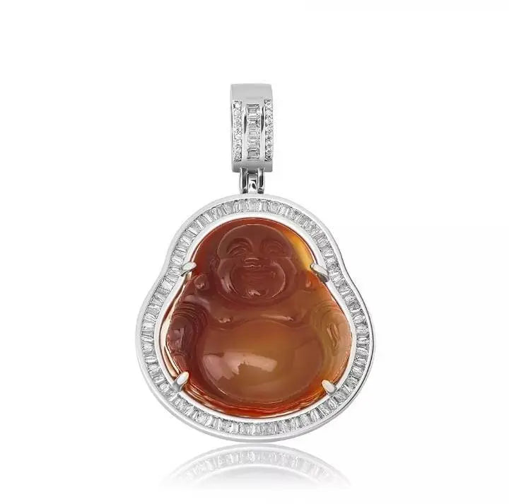 Silver - AAA Cubic Zirconia Buddha Pendant Green Jade Buddha  Necklace Iced Out Bling  Laughing Buddha Pendant Necklace JettsJewelers