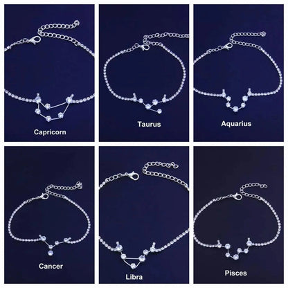 Silver Constellation ANKLET, Rhinestones, CZ, Celestial Zodiac Ankle Bracelet Chain, Personalized Initial JettsJewelers