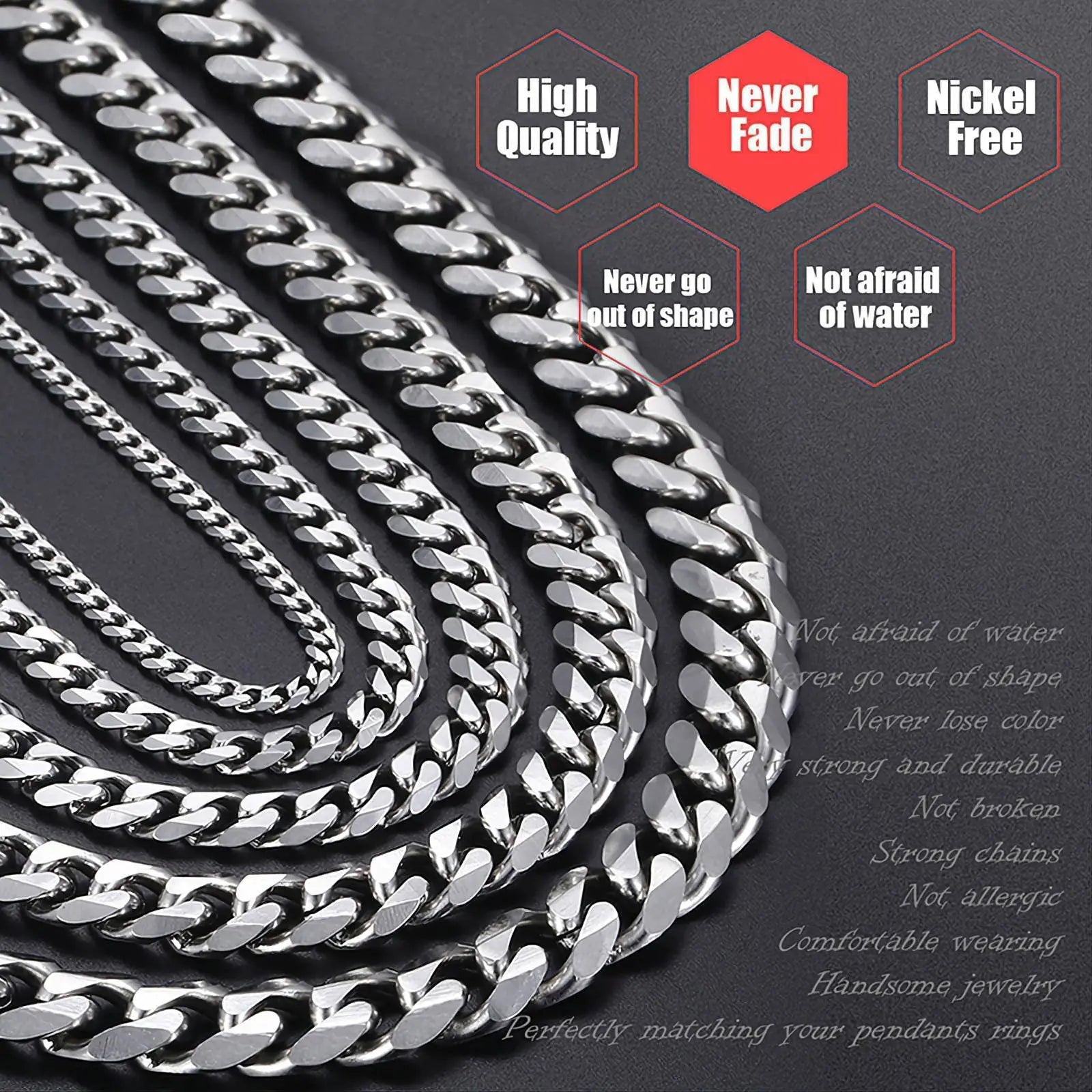 Silver Cuban Link Necklace, 3mm/5mm/7mm/9mm/11mm Mens Gift, Gift for Dad, Wife Husband, Stainless Steel Necklace, Black Enamel Necklace JettsJewelers