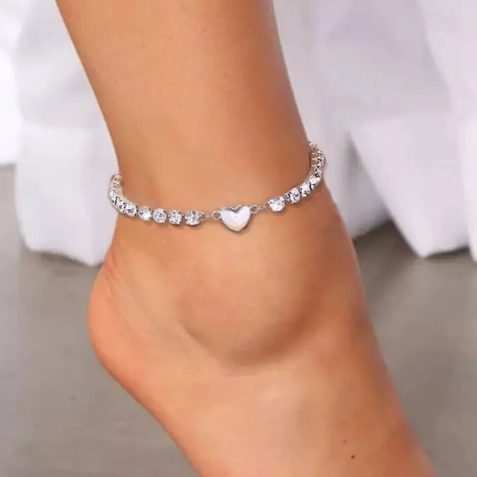 Silver Heart Rhinestone Anklet Foot Jewelry for Women Beach Barefoot Chain Bracelet On the Leg Accessories Gift JettsJewelers