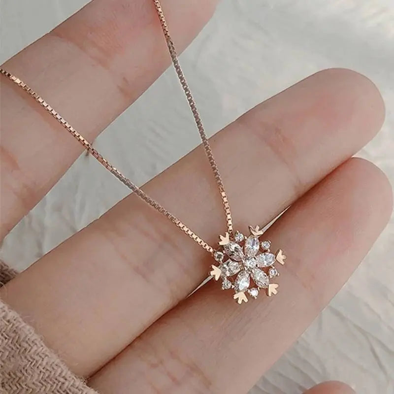 Silver and Rose Gold Snowflake Necklace Women Pendant Inlaid Rhinestone Clavicle Chain - JettsJewelers