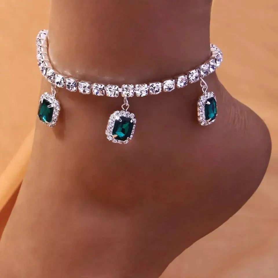 Square Emerald Rhinestones Anklet Foot Jewelry for Women Beach Barefoot Chain Bracelet On the Leg Accessories Gift - JettsJewelers