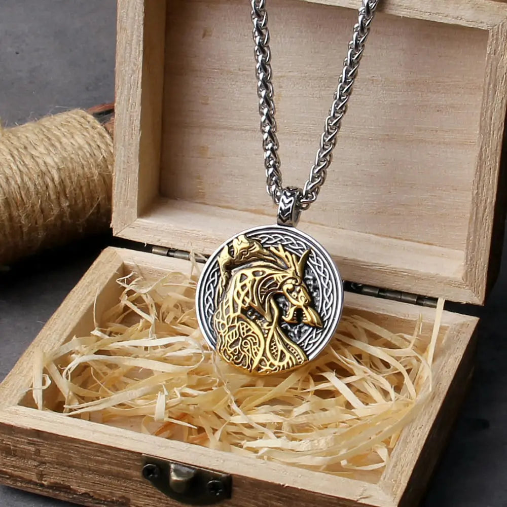 Stainless Steel Fenrir Head Pendant Necklace with Free Box and Gift Bag Steel Jewelry Necklace JettsJewelers