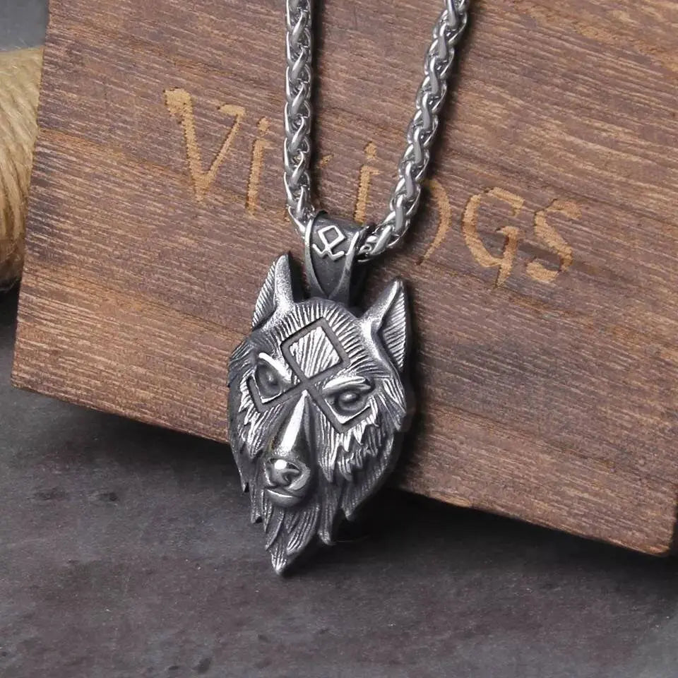 Stainless Steel Viking Wolf Face Pendant Necklace JettsJewelers