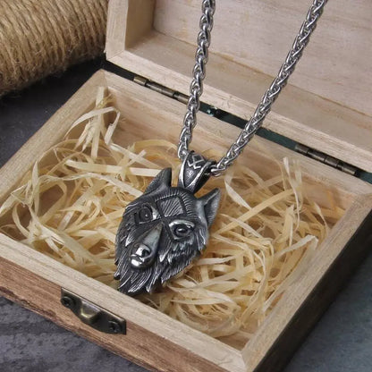 Stainless Steel Viking Wolf Face Pendant Necklace JettsJewelers