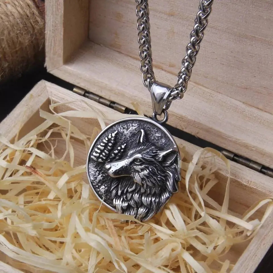 Stainless Steel Wolf and Tree Head Pendant Necklace JettsJewelers
