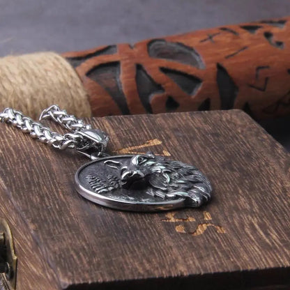 Stainless Steel Wolf and Tree Head Pendant Necklace JettsJewelers