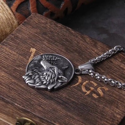 Stainless Steel Wolf and Tree Head Pendant Necklace JettsJewelers