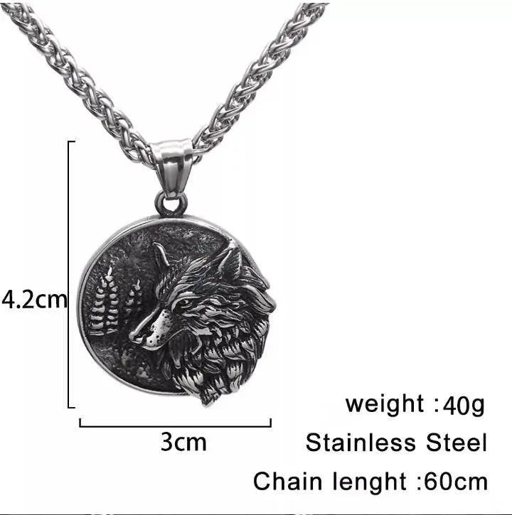 Stainless Steel Wolf and Tree Head Pendant Necklace JettsJewelers