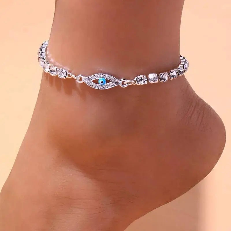 Statement Full Rhinestone Evil Eye Anklet Bracelet for Women Bending Crystal Anklet Leg Bracelet Foot Chain Jewelry - JettsJewelers