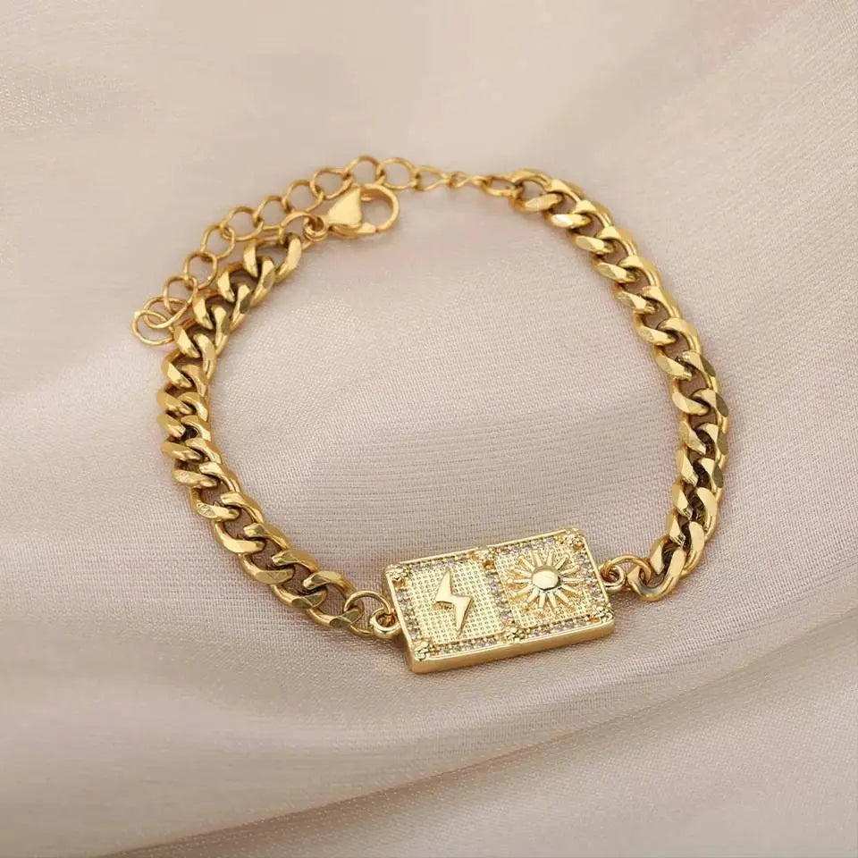 Sun and Bolt Gold Bracelets for Women Girls 18K Gold  Plated Dainty Cuban Link  Bracelet Gold Bracelets Adjustable JettsJewelers