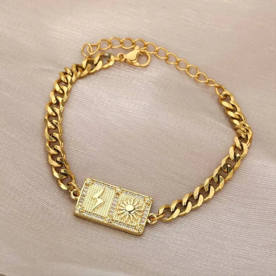 Sun and Bolt Gold Bracelets for Women Girls 18K Gold  Plated Dainty Cuban Link  Bracelet Gold Bracelets Adjustable JettsJewelers