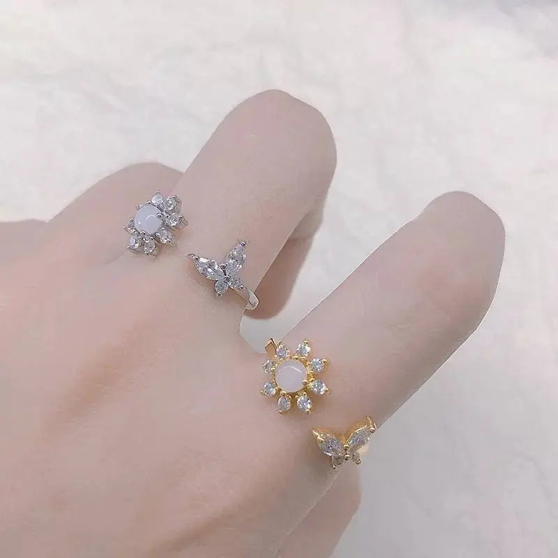 Sunflower Opal and Zircon Butterfly Ring for Women Stainless Steel Opal Aesthetic Rings Adjustable Charm Vintage 14k Gold Jewelry Exquisite - JettsJewelers