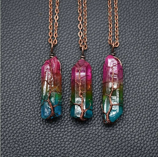 Tree of Life Rainbow Quartz Crystal Gemstone Reiki Healing Rock Raw Stone Chakra Pendant Necklace Women Rose Gold Wire Wrap Necklace JettsJewelers