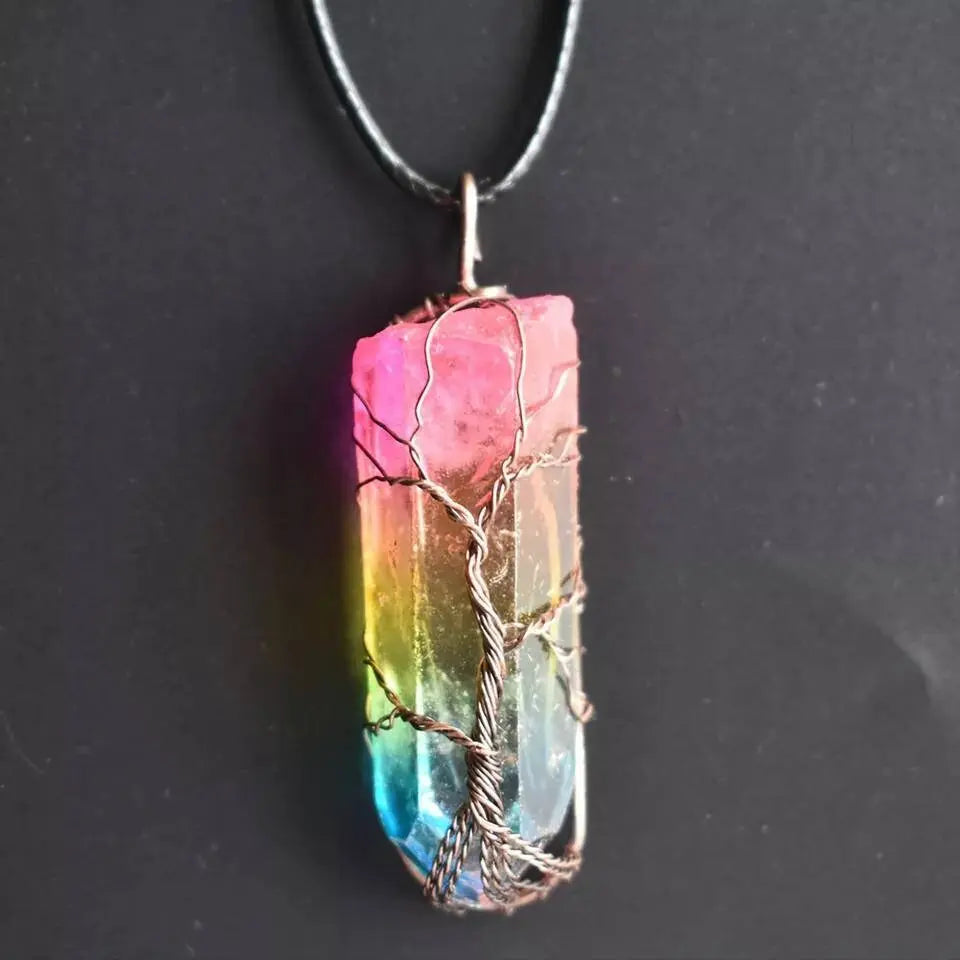 Tree of Life Rainbow Quartz Crystal Gemstone Reiki Healing Rock Raw Stone Chakra Pendant Necklace Women Rose Gold Wire Wrap Necklace JettsJewelers