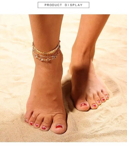 Triple Anklet For Women Bracelet Gold Color Crystal Barefoot Beach Accessories Anklet Leg Chain jewelry Gift JettsJewelers