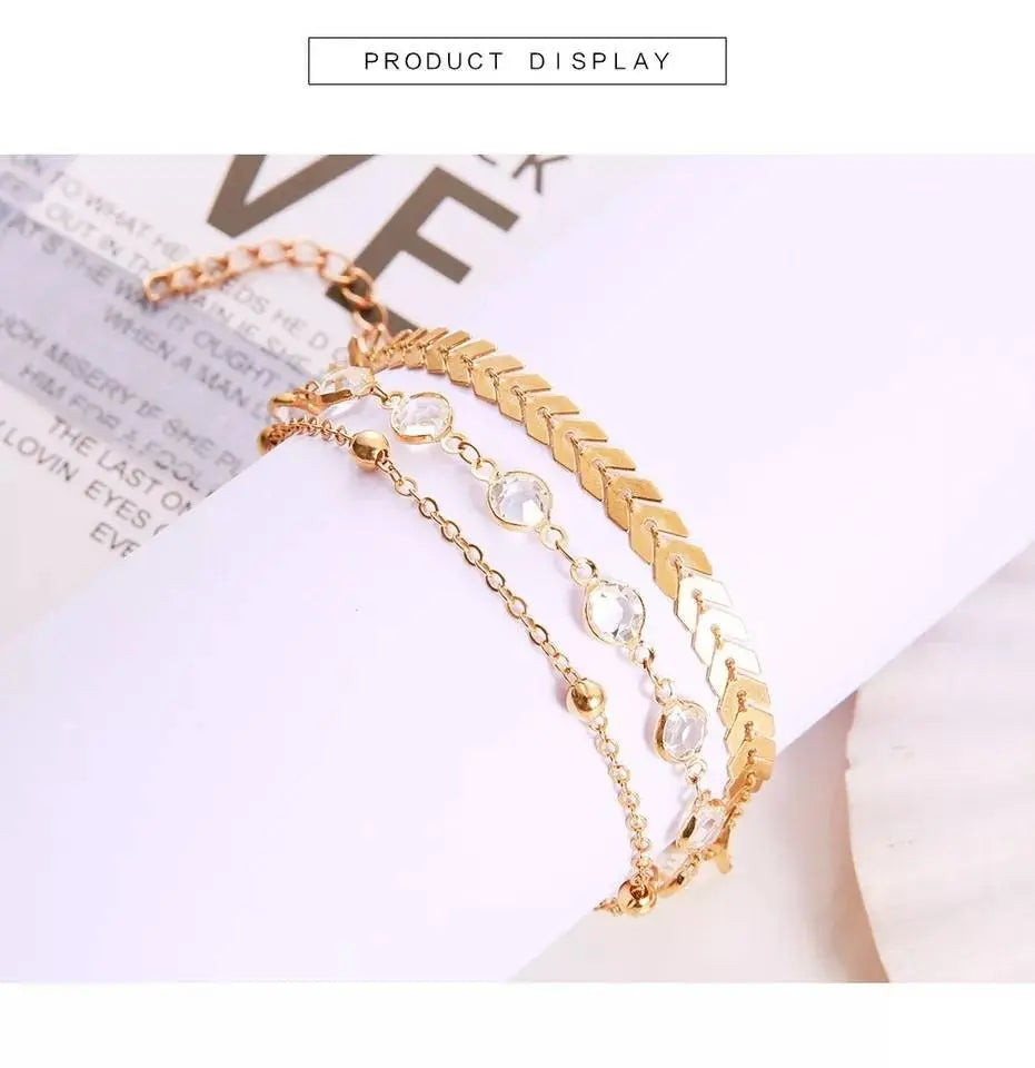 Triple Anklet For Women Bracelet Gold Color Crystal Barefoot Beach Accessories Anklet Leg Chain jewelry Gift JettsJewelers