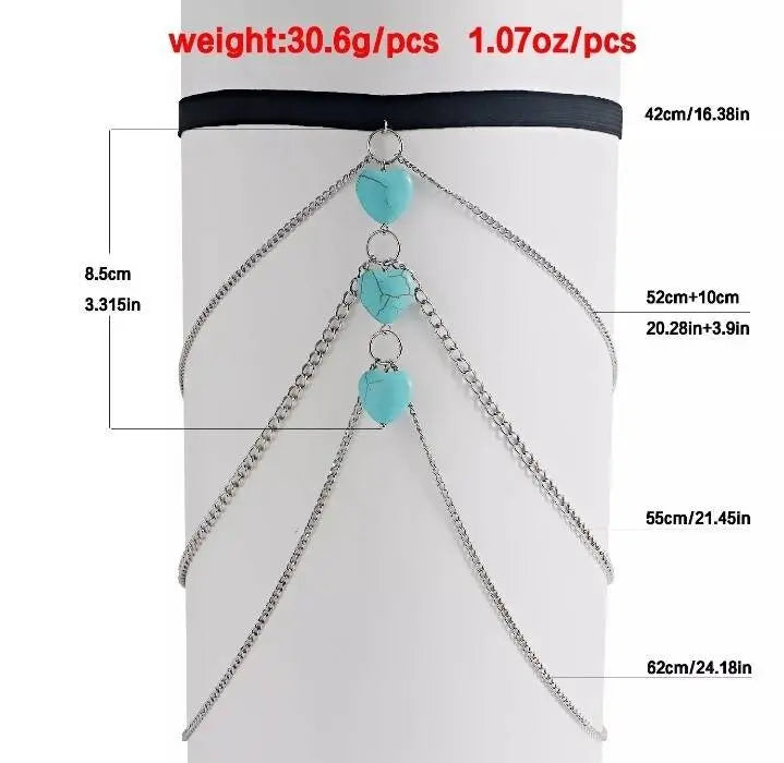 Turquoise Hearts Chain Silver Leg Chain for Women Thigh Chain For Girls Pendant Boho Body Chain for Beach Summer Holiday JettsJewelers