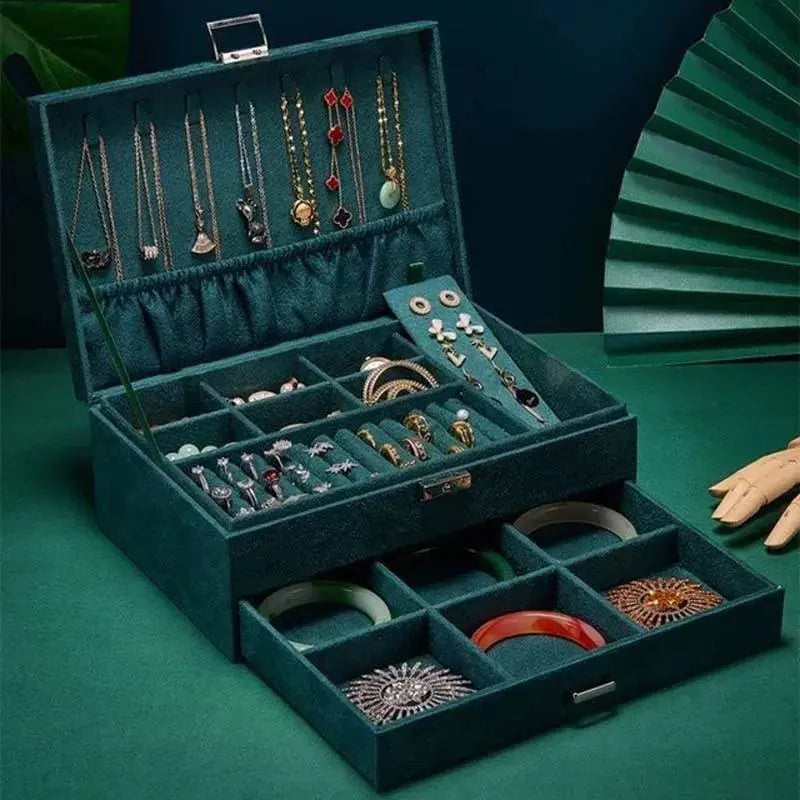 Two-Layer Jewelry Box Organizer Display Storage Case with Lock Suede Portable Leather Jewelry Box for Storing Watch, Earring, Ring, Chain JettsJewelers